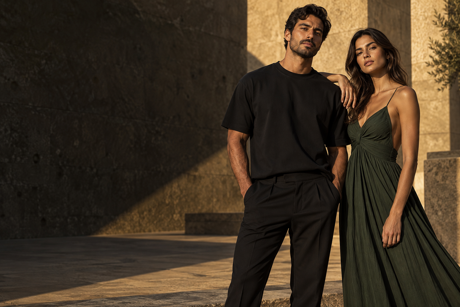 Modelos vestindo camiseta preta e vestido verde em cenário de arquitetura contemporânea